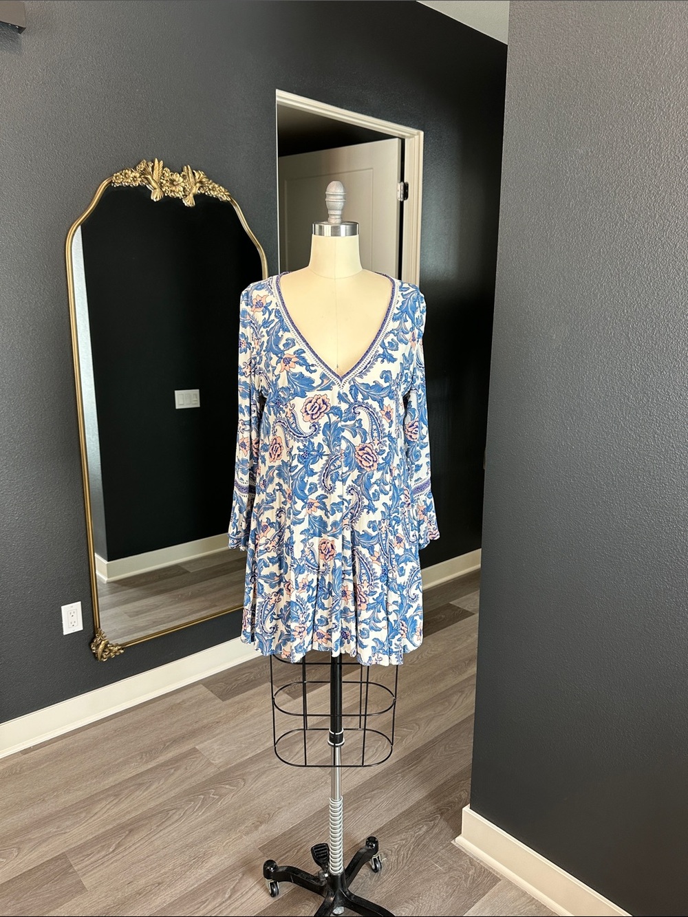 Spell Blue and White Floral V-Neck Mini Dress Paisley design